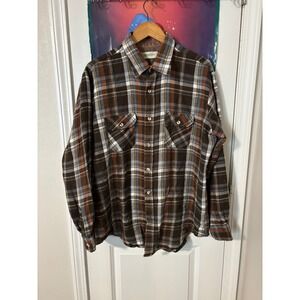 St Johns Bay Mens Brown Blue Plaid Flannel Button Down Shirt 60s Trim L